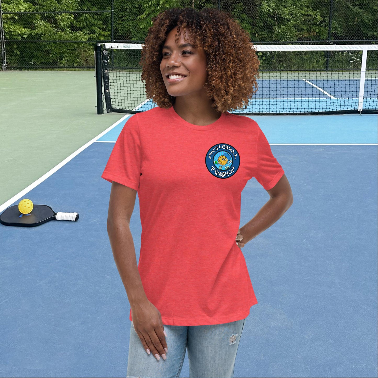 Heather Red Short-Sleeve Women's Pickleball Shirt with Pickleball FunShop Logo on Left Chest