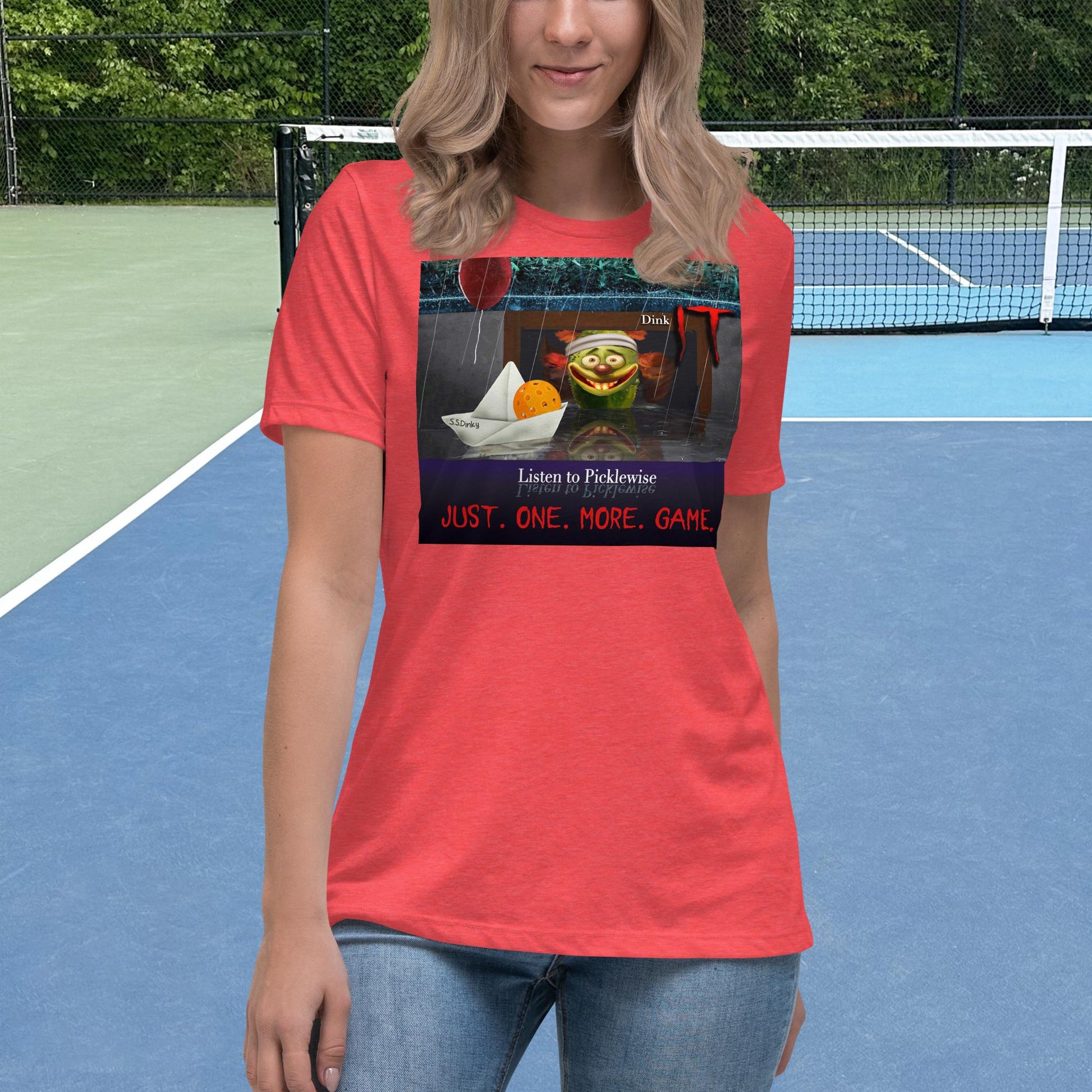 Heather Red Short-sleeve Women's Pickleball Shirt with Listen to Picklewise graphic on front