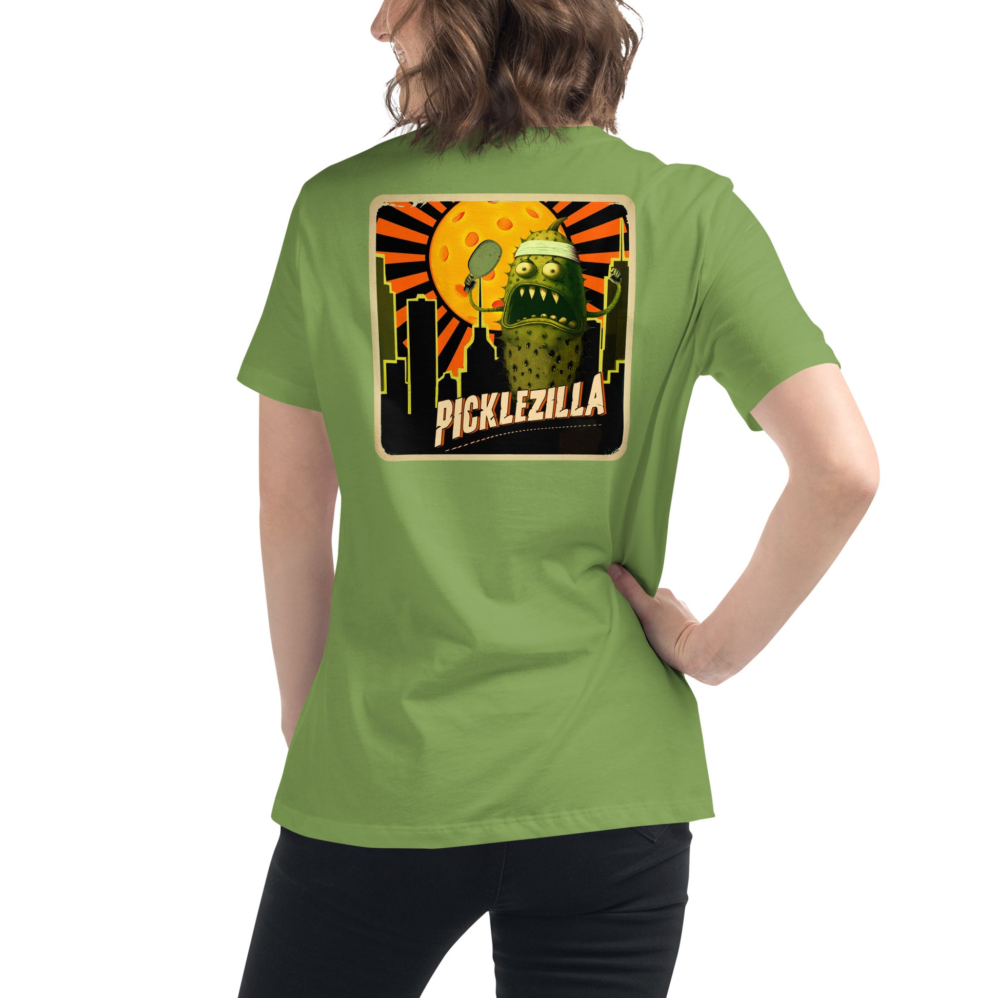 Leaf Green Pickleball T-shirt, Picklezilla, Graphic on Back, Women's Crew Neck Tee