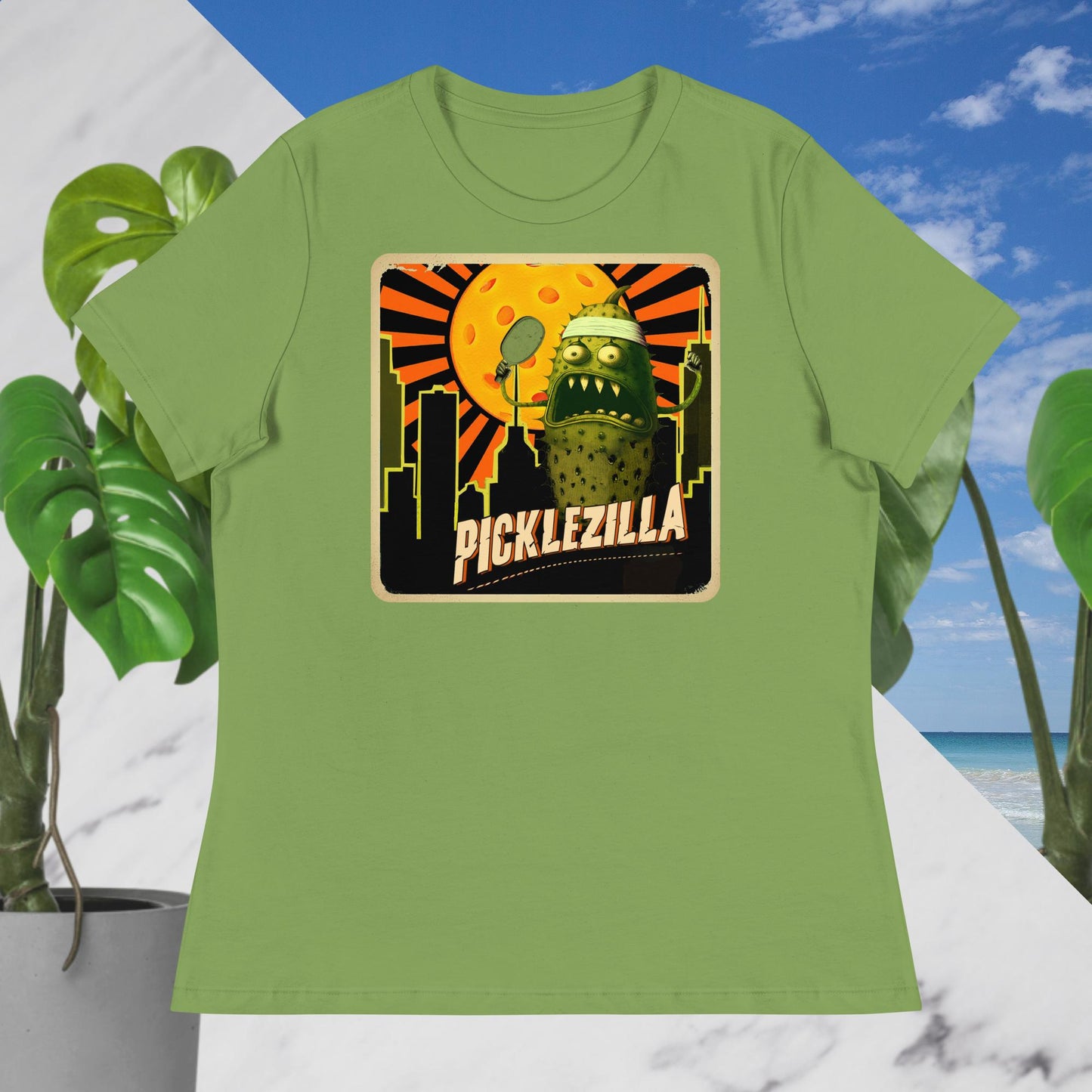 Green Women's Pickleball T-shirt Picklezilla Design Cotton