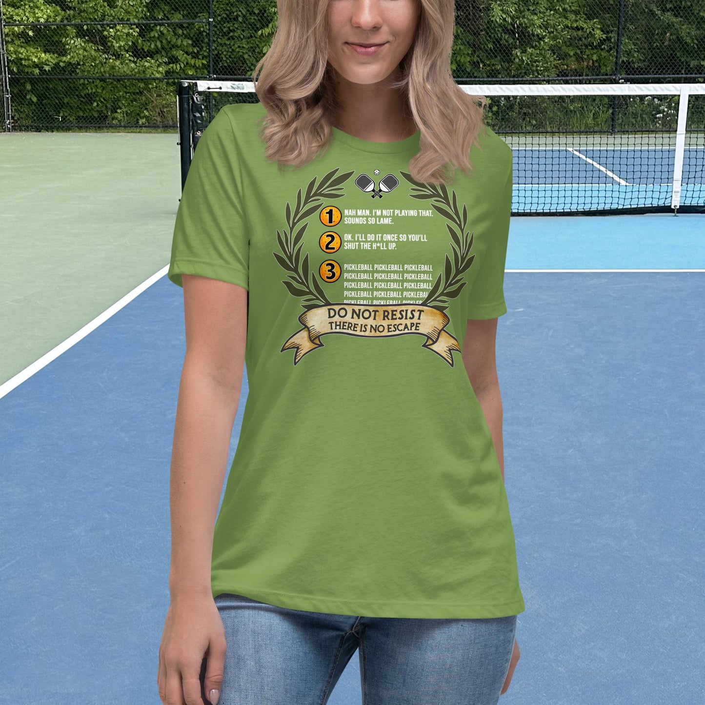 Leaf Green Pickleball Shirt, 3 Stages of Pickleball, Graphic on Front, Women's Tee