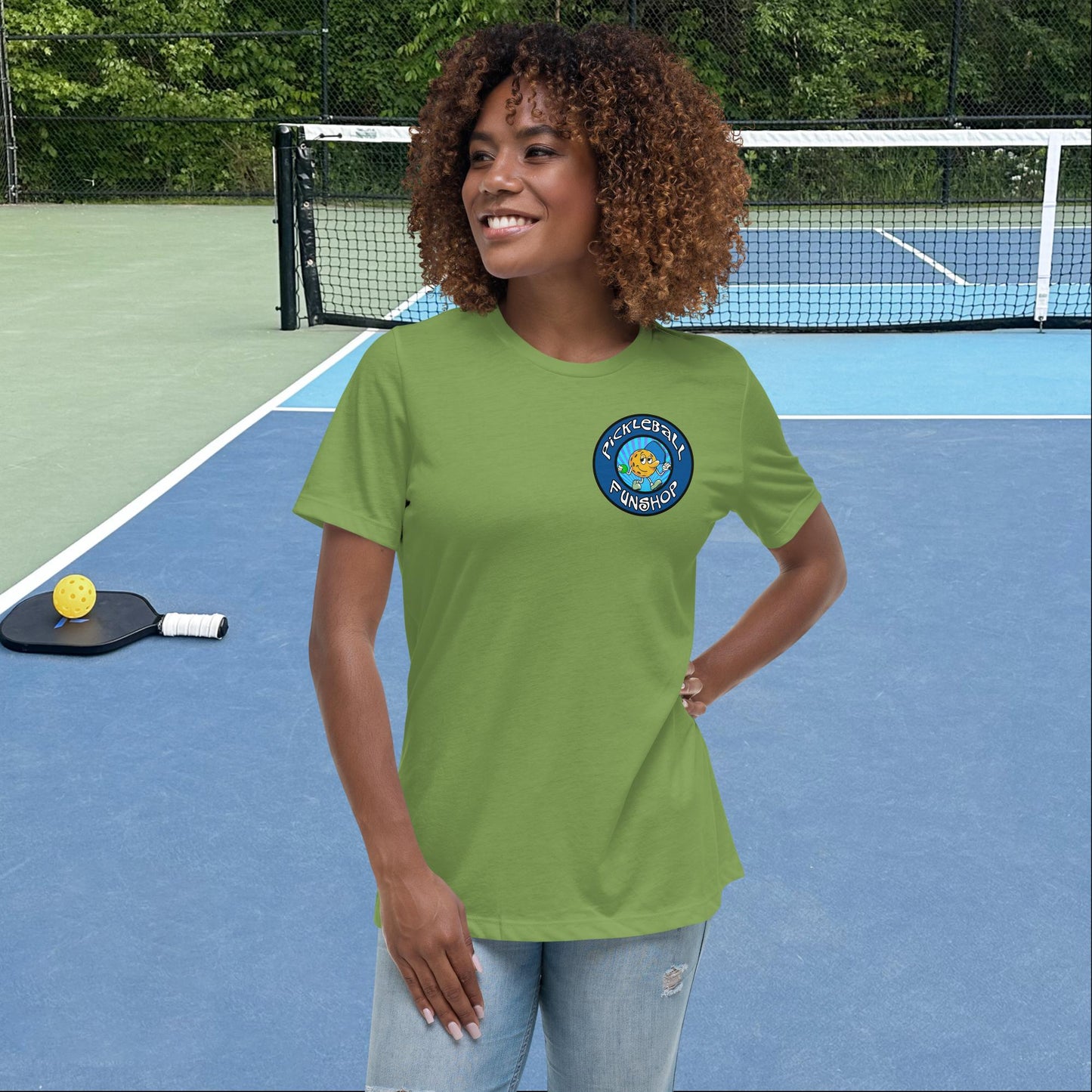 Leaf Green Short-Sleeve Women's Pickleball Shirt with Pickleball FunShop Logo on Left Chest