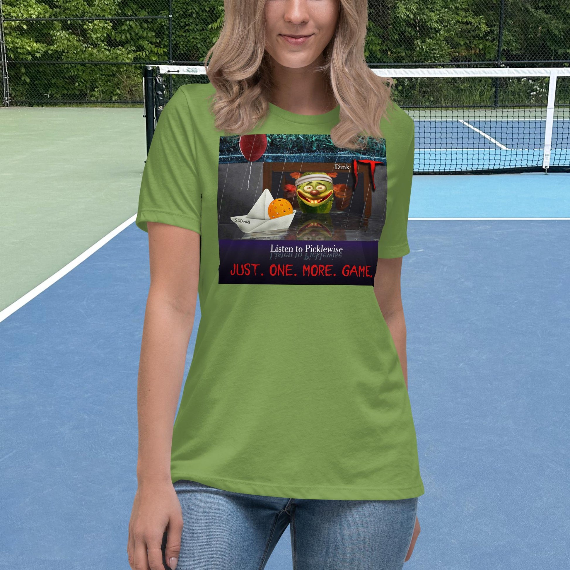 Leaf Green Short-sleeve Women's Pickleball Shirt with Listen to Picklewise graphic on front