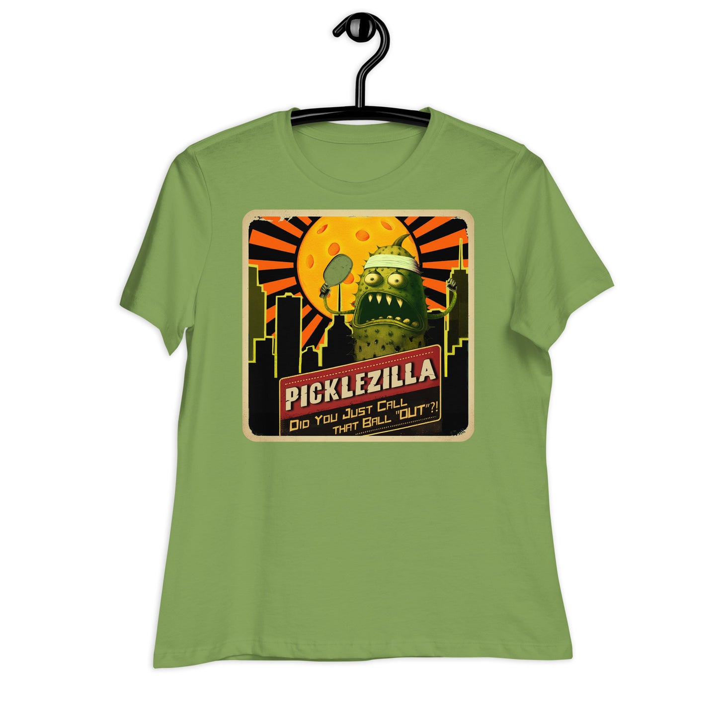 Leaf Green Short-sleeve Women's pickleball shirt with Picklezilla Out Call graphic on front