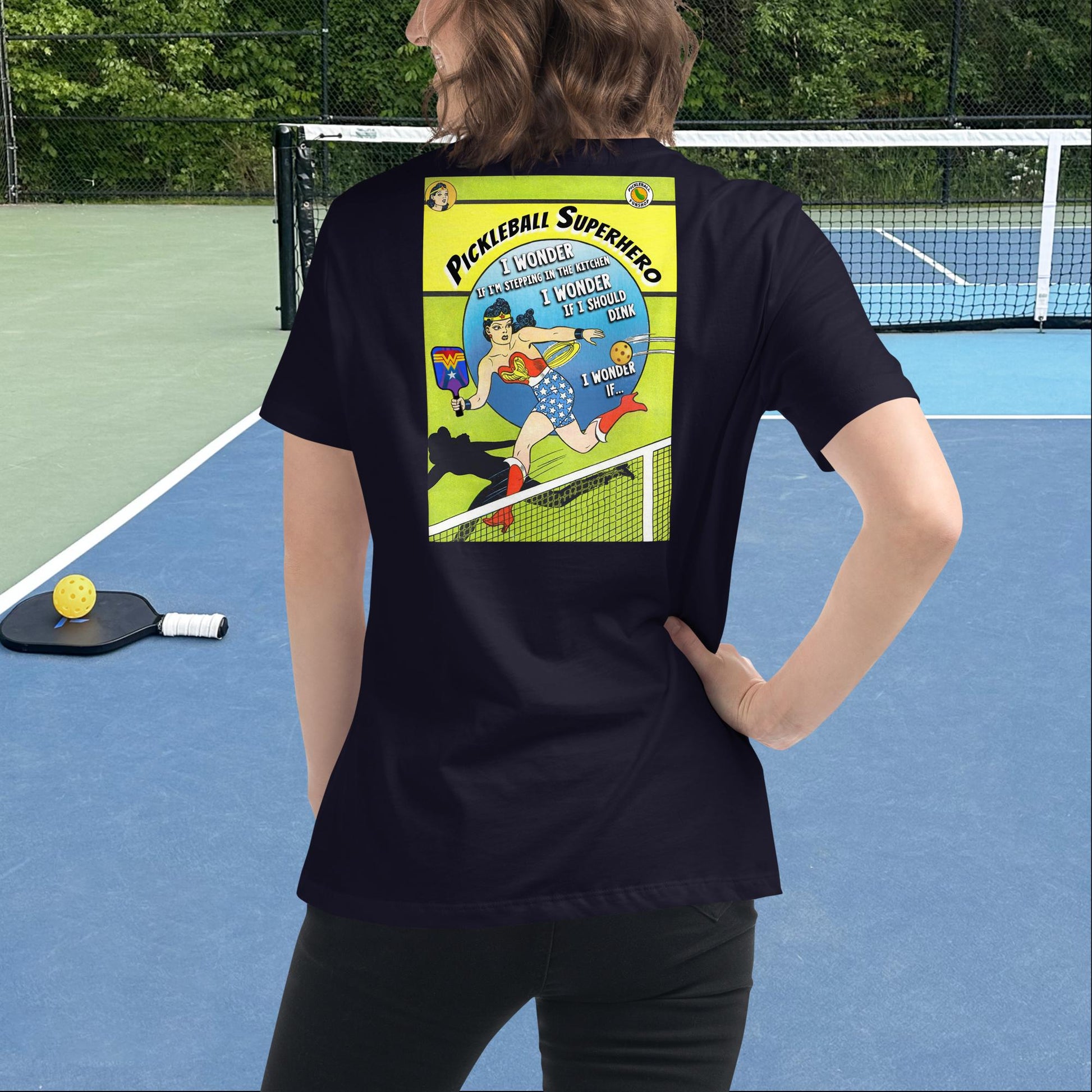 Navy Blue Pickleball Superhero Wonder Woman T-shirt, Graphic on Back, Women's Relaxed Tee