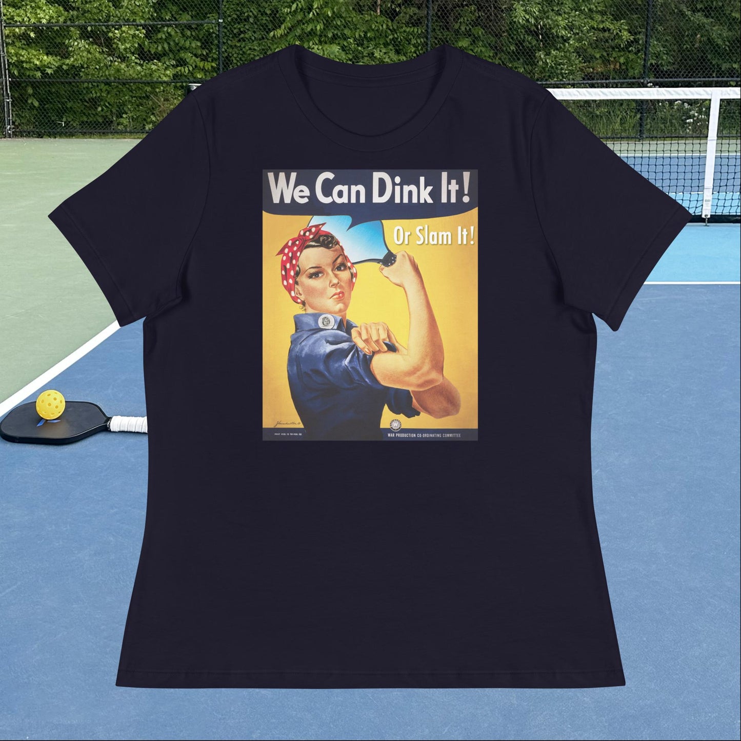 Navy Blue Rosie the Riveter Pickleball T-shirt, Graphic on Front, Women's Relaxed Cotton Tee