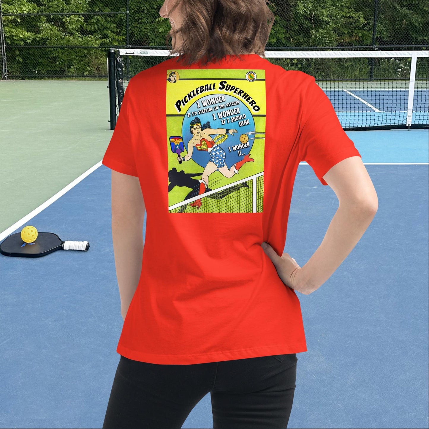 Poppy Red Pickleball Superhero Wonder Woman T-shirt, Graphic on Back, Women's Relaxed Tee