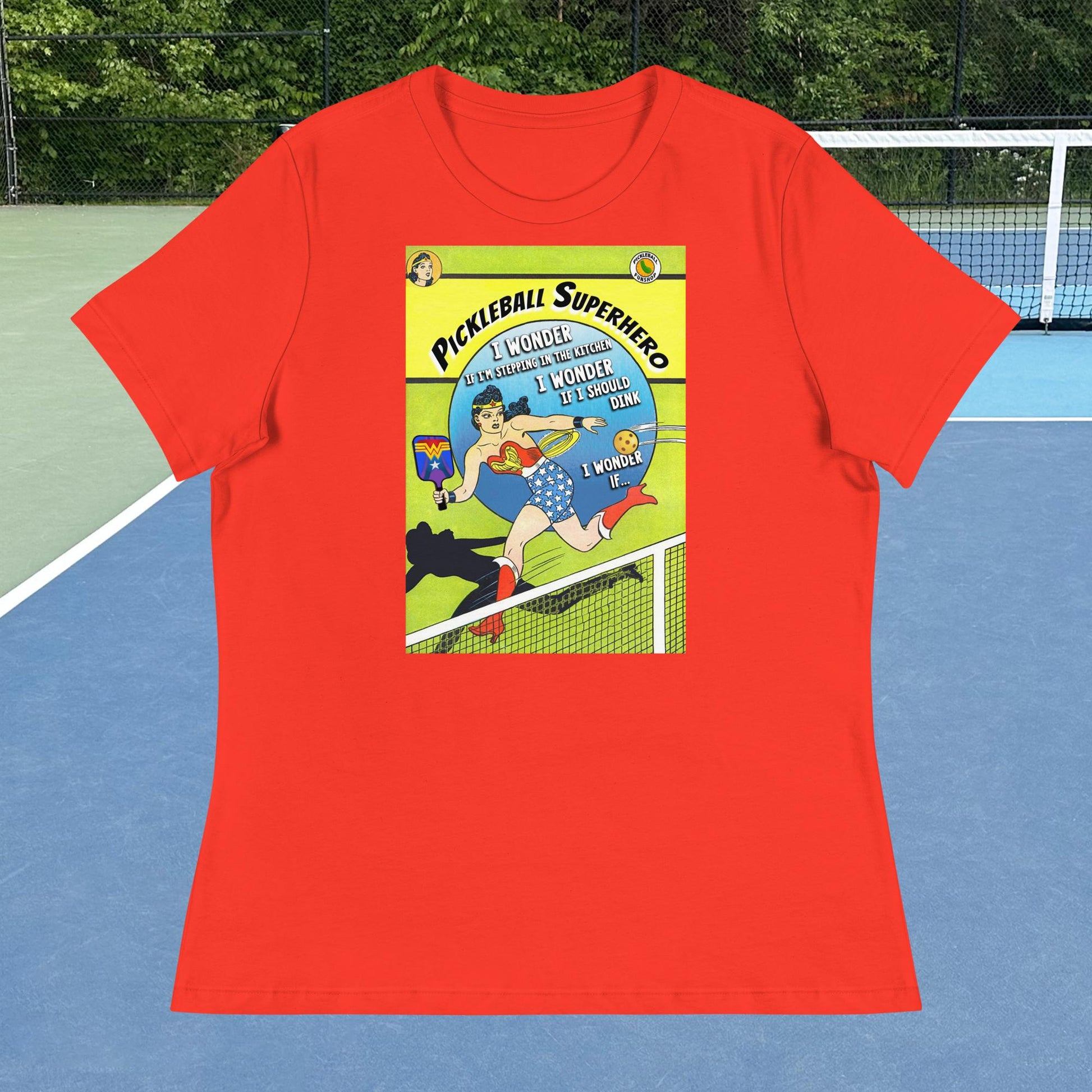 Poppy Red Wonder Woman Pickleball Superhero Women's Relaxed T-shirt, Graphic on Front