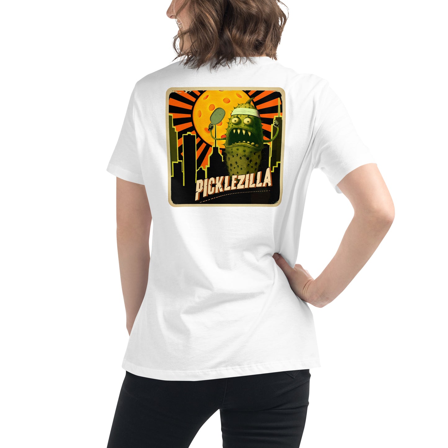 White Pickleball T-shirt, Picklezilla, Graphic on Back, Women's Crew Neck Tee