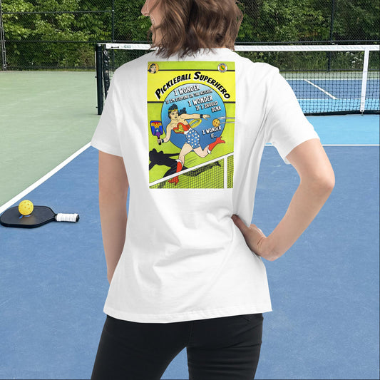 White Pickleball Superhero Wonder Woman T-shirt, Graphic on Back, Women's Relaxed Tee