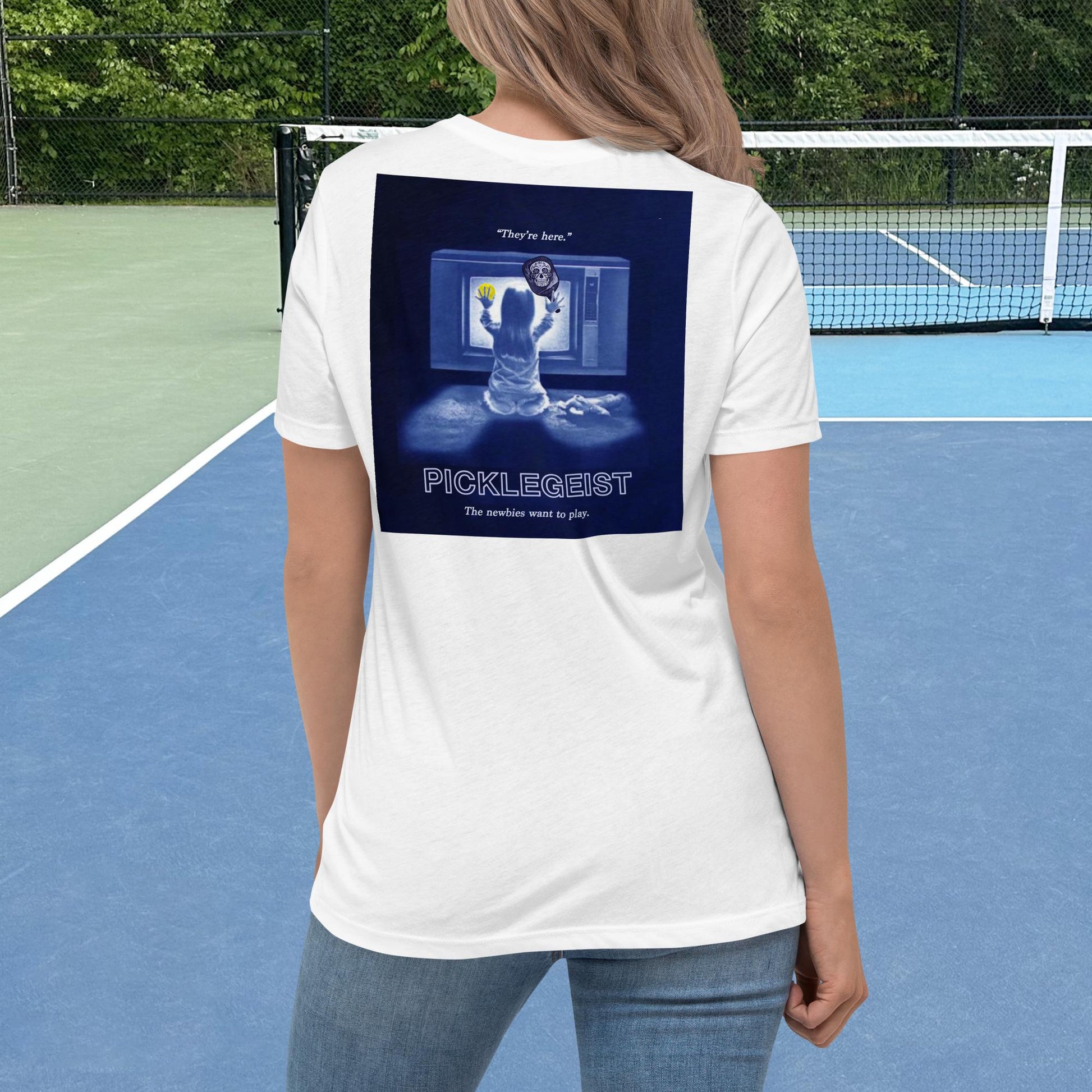 White Short-sleeve Women's Pickleball Shirt with Picklegeist graphic on Back