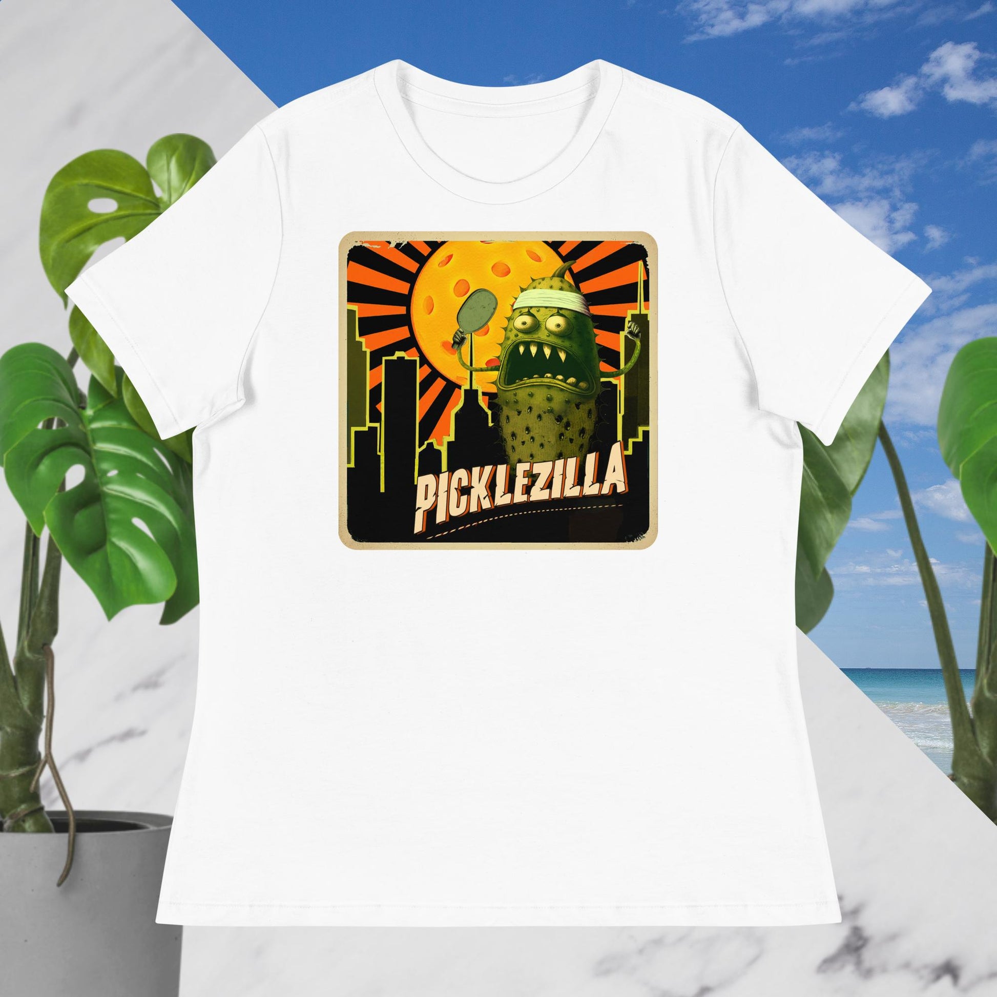 White Women's Pickleball T-shirt Picklezilla Design Cotton