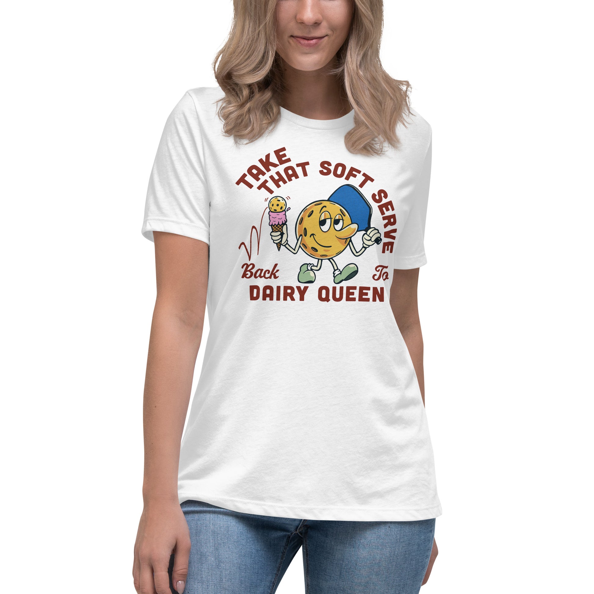 White Pickleball T-shirt, Take That Soft Serve Back to Dairy Queen, Graphic on Front, Women's Relaxed Crew Neck Tee