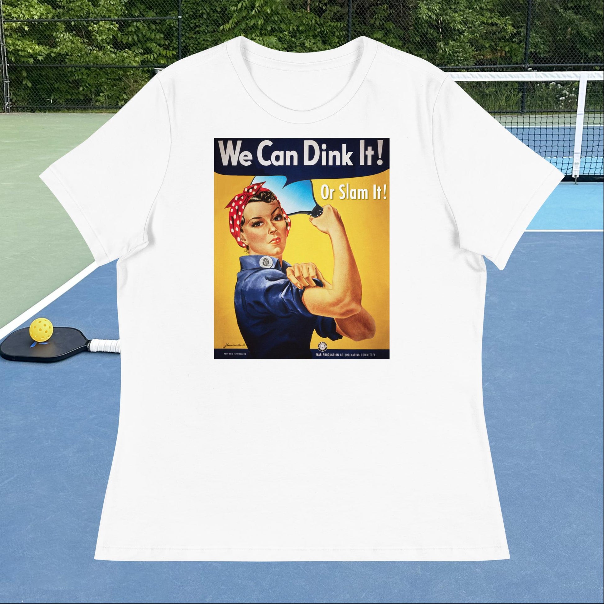 White Rosie the Riveter Pickleball T-shirt, Graphic on Front, Women's Relaxed Cotton Tee