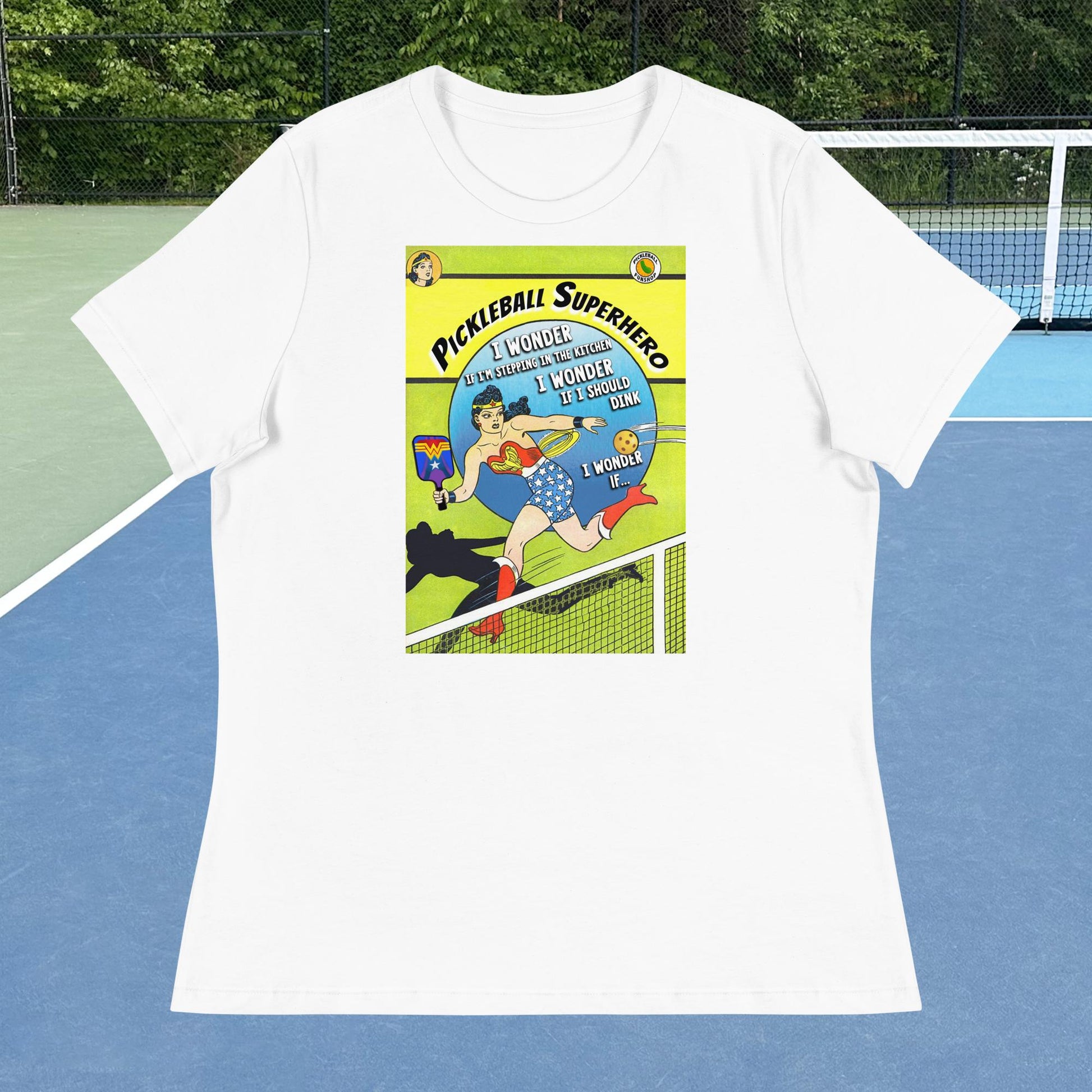 White Wonder Woman Pickleball Superhero Women's Relaxed T-shirt, Graphic on Front