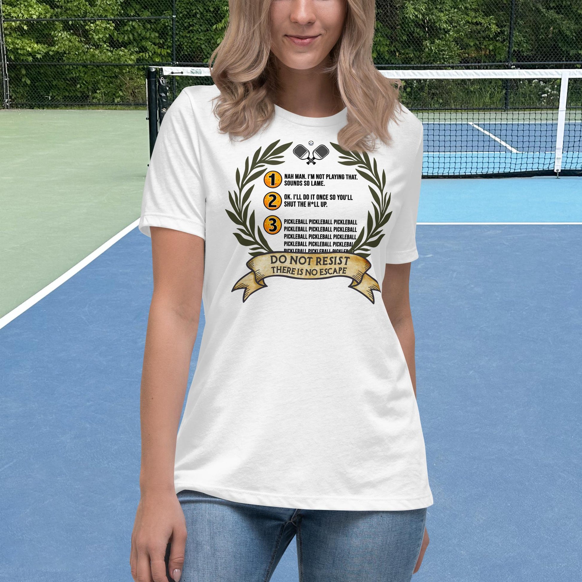 White Pickleball Shirt, 3 Stages of Pickleball, Graphic on Front, Women's Tee