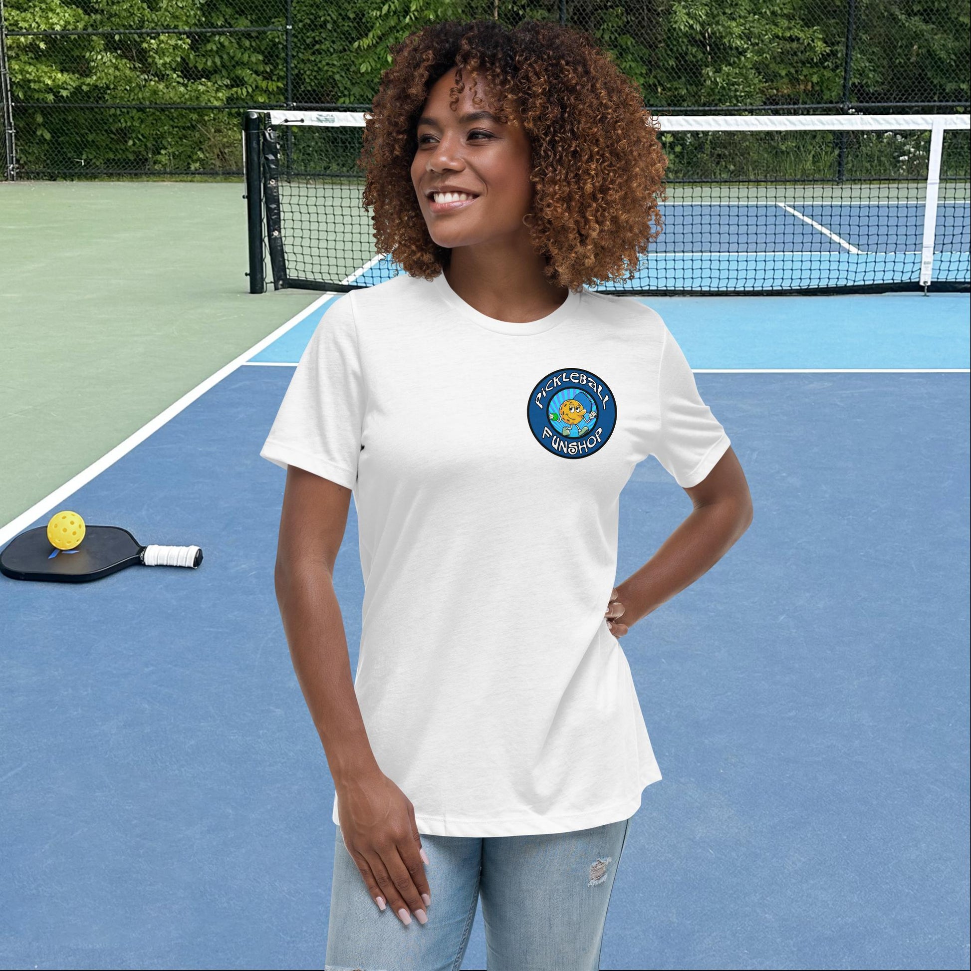 White Short-Sleeve Women's Pickleball Shirt with Pickleball FunShop Logo on Left Chest