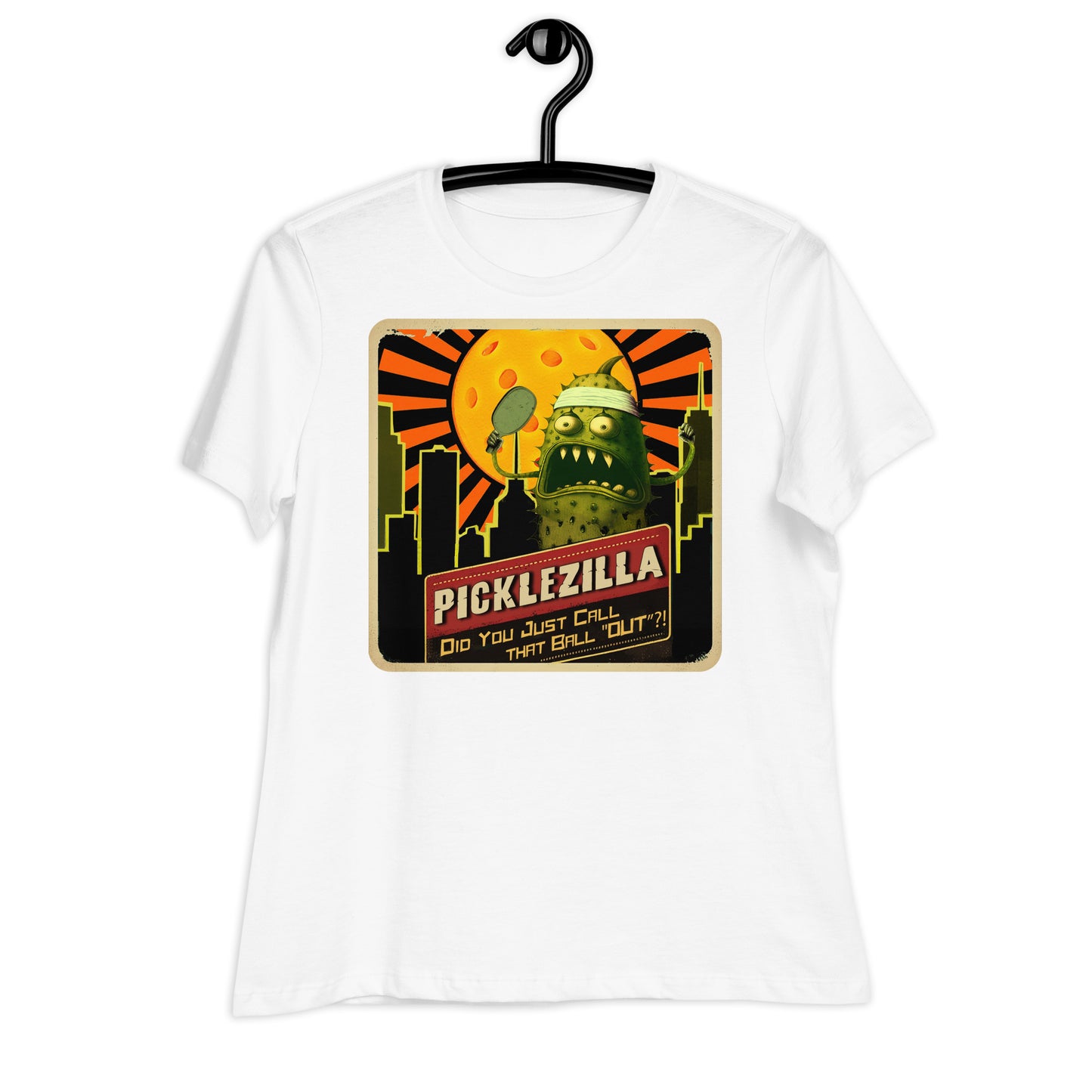 White Short-sleeve Women's pickleball shirt with Picklezilla Out Call graphic on front