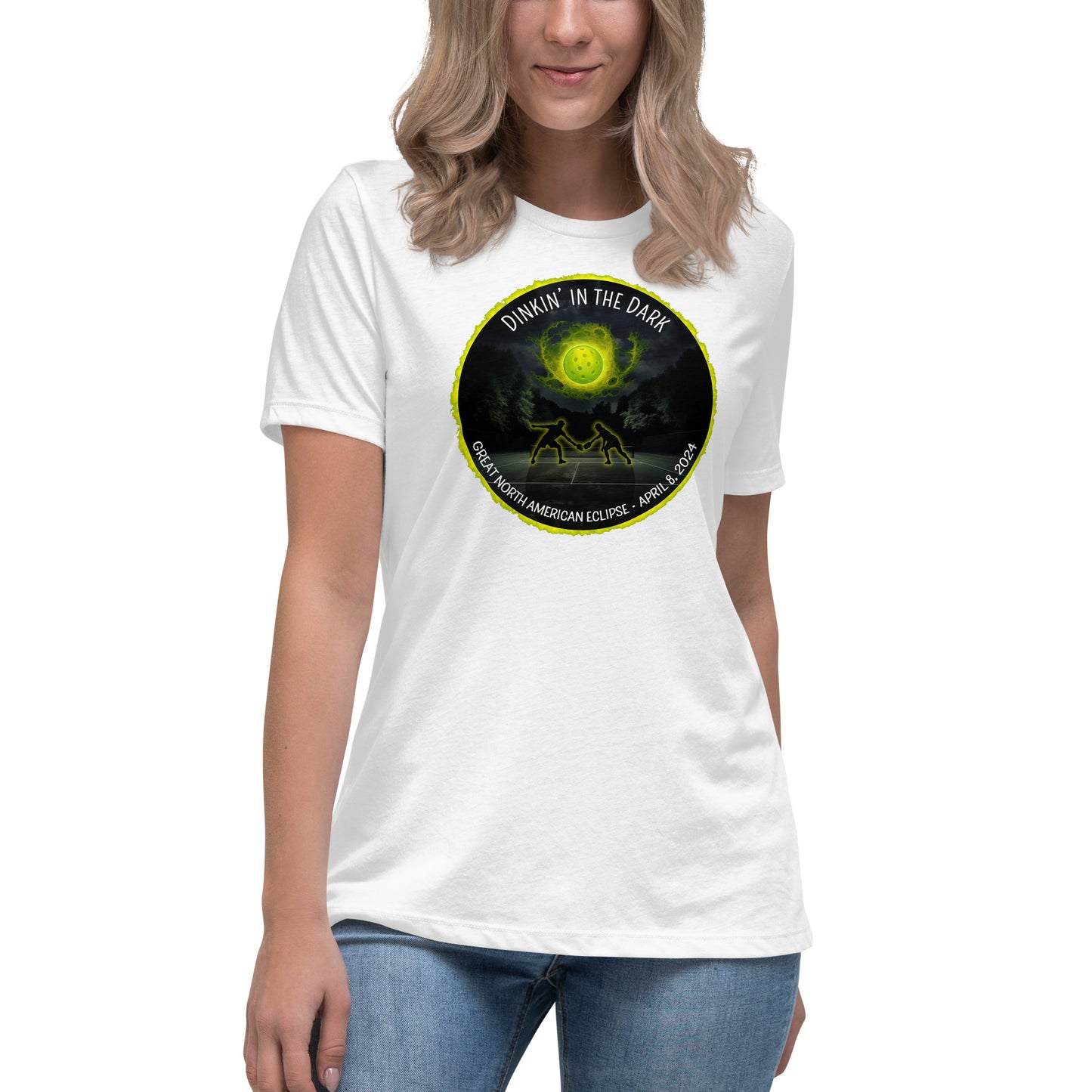 Women's Pickleball T-shirt, Dinkin' In The Dark Eclipse Design, Graphic on Front