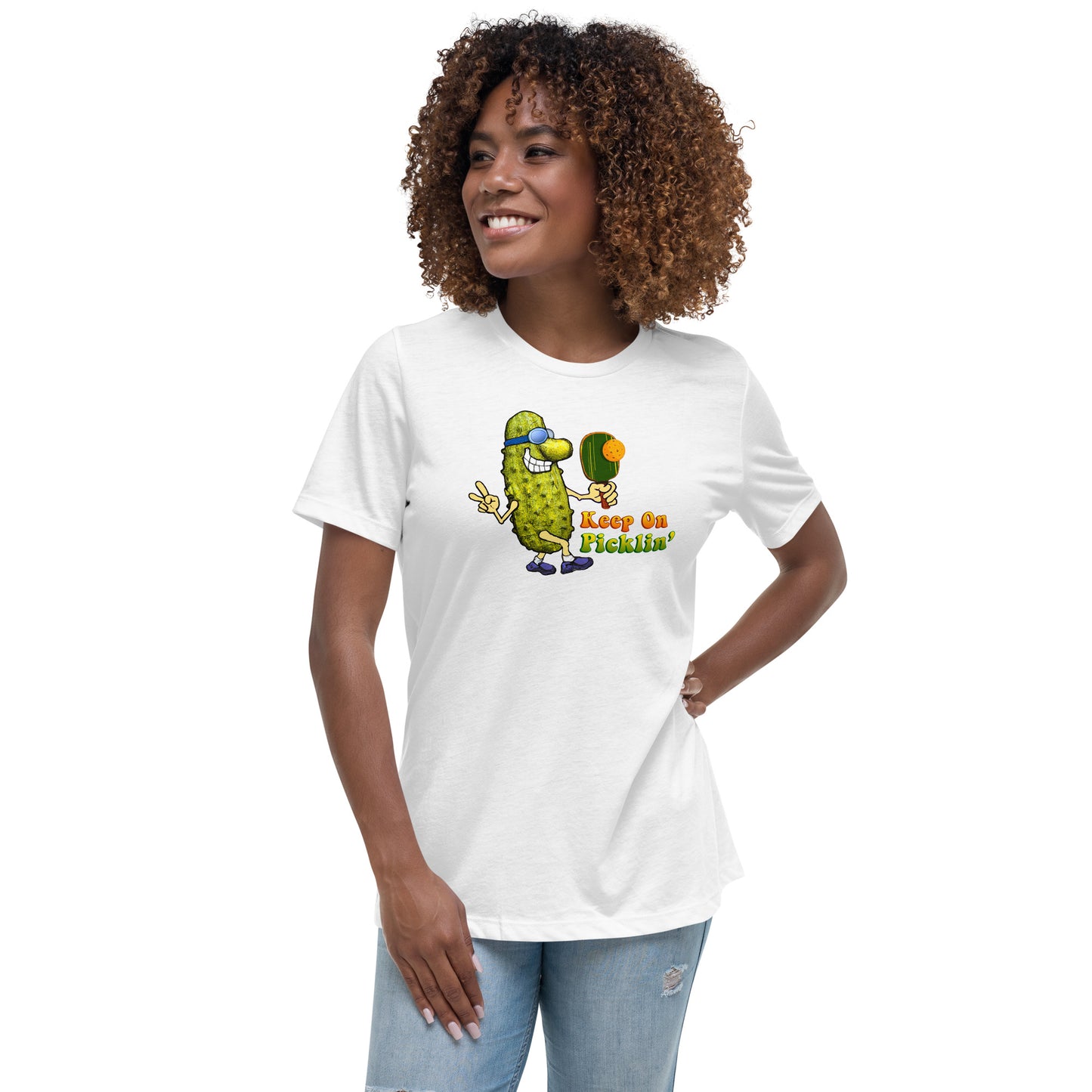 Women's Pickleball T-shirt, Keep On Picklin' Pickledude, Front Center Graphic, Short-sleeve